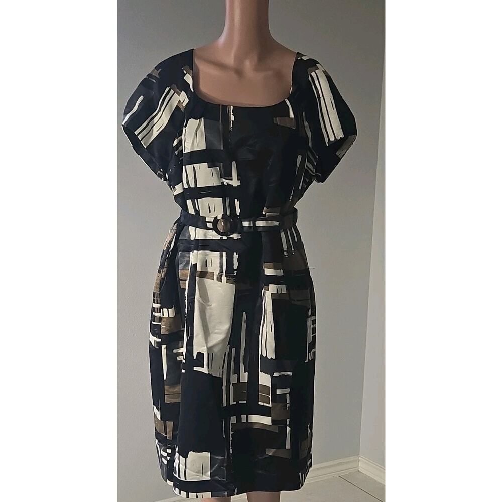 Apostrophe Women's Geometric Belted Sheath Dress Black Brown White Size 18